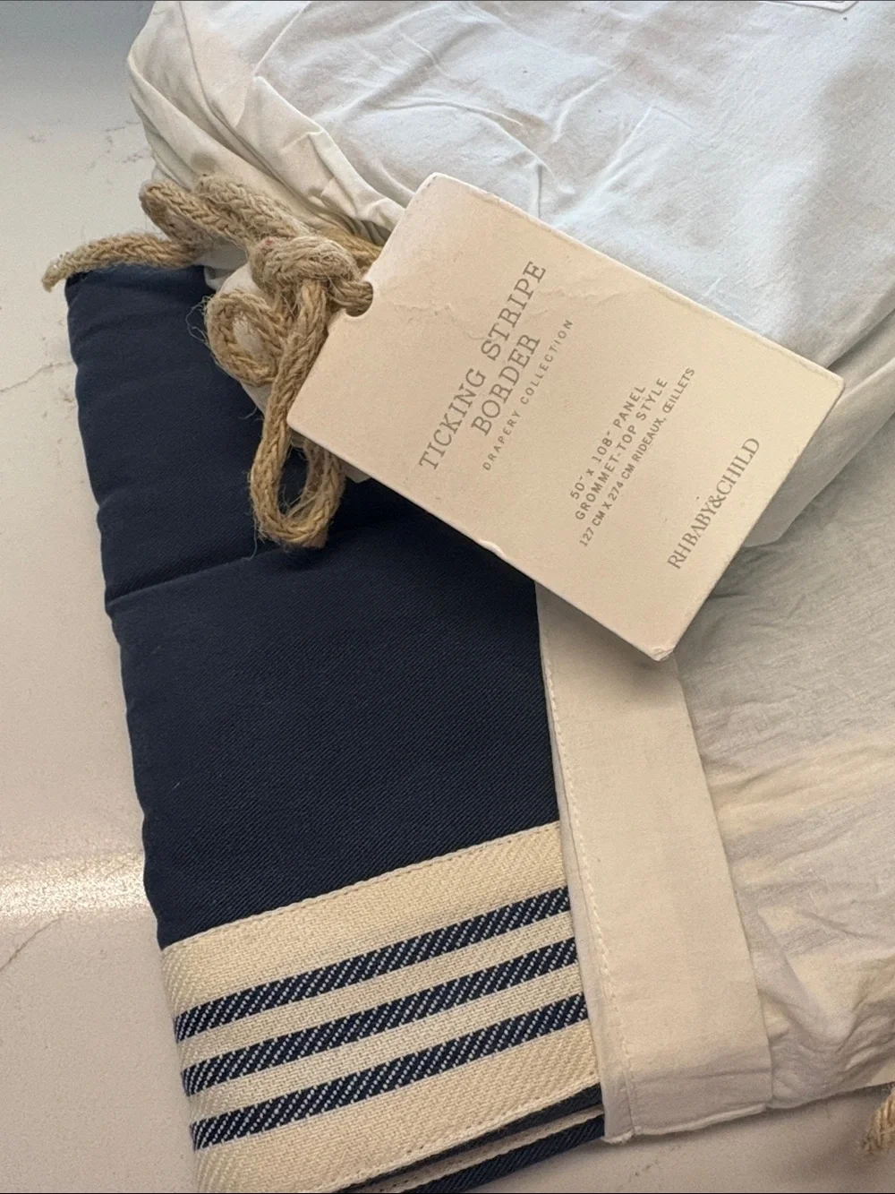 Restoration Hardware checking, stripe border, drapery, grommet style top